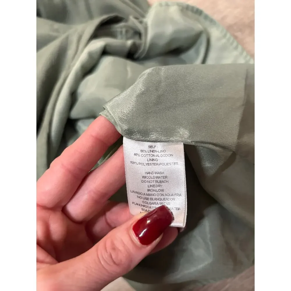 &Merci Sage Green Linen Midi Button Front Peasant‎ Dress Large Fit Flare Casual - Picture 14 of 14